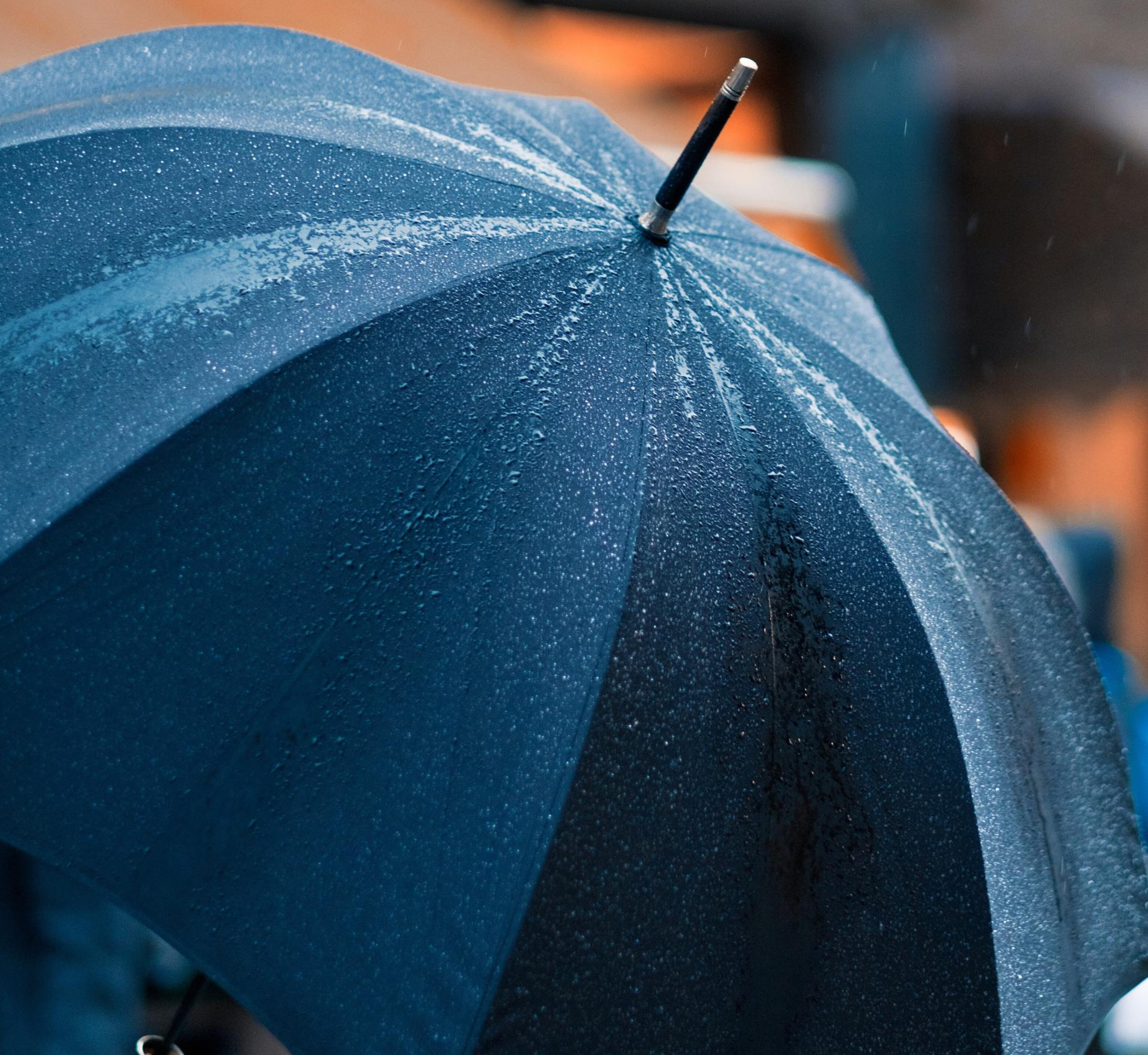 Blauer Regenschirm, bedeckt mit Regentropfen, Nahaufnahme