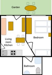 Grundriss einer kleinen Wohnung mit Garten, Wohnzimmer, Küche, Schlafzimmer und Badezimmer.