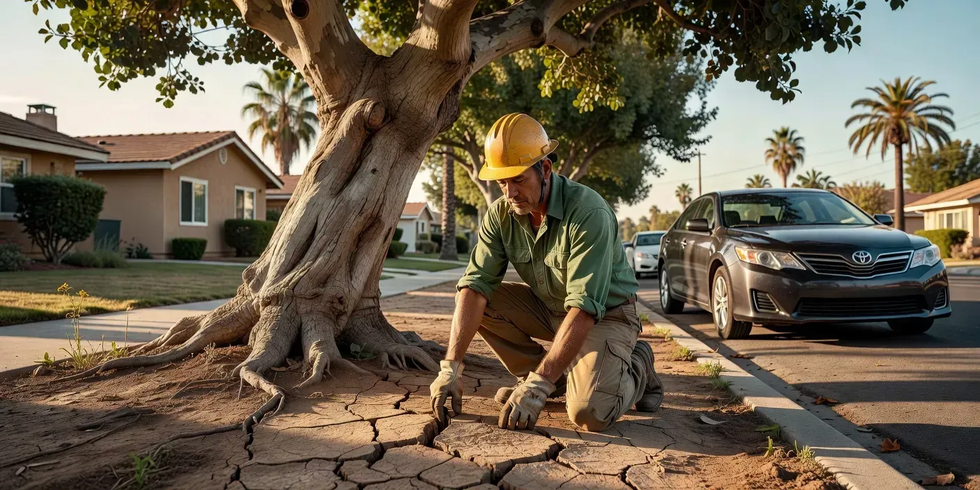 Arborist in hard hat inspecting trunk flare and soil cracks under a leaning shade tree next to a parked car on a residential El Monte street