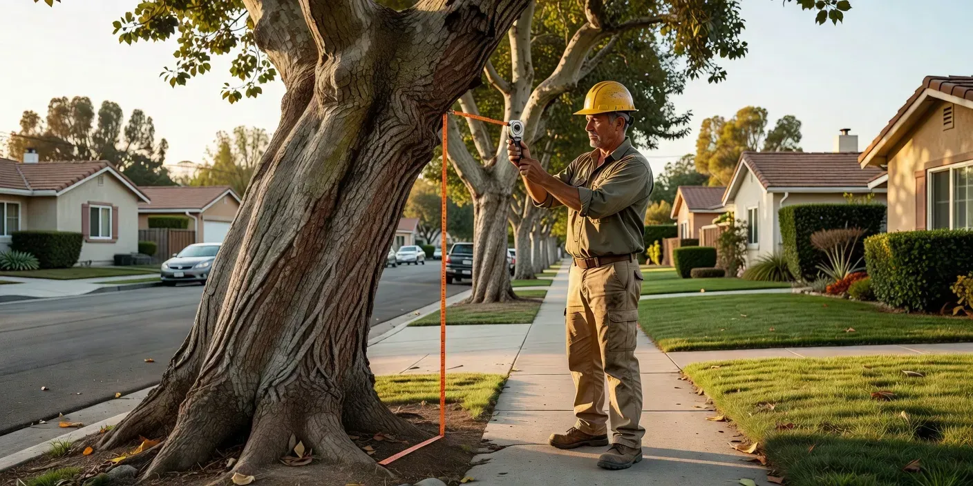Arborist in hard hat measuring trunk lean beside a mature street tree on a residential El Monte block