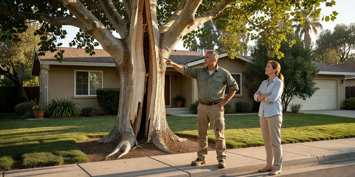 Arborist pointing at a split trunk in a front yard while a homeowner stands on the sidewalk in El Monte