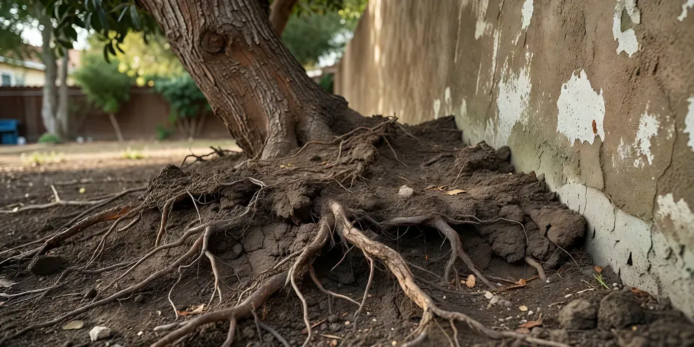 Close-up of heaved soil and exposed roots at the base of a leaning backyard tree beside a stucco wall in El Monte