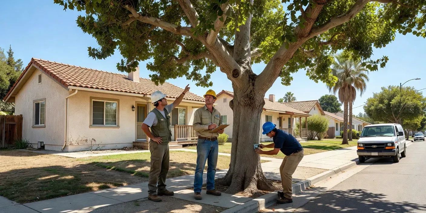 Crew assessing a mature street tree beside a stucco home on a sunny El Monte residential block