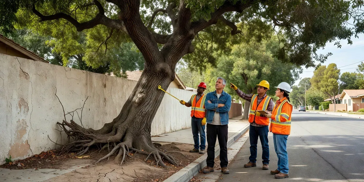 Homeowner and crew reviewing a leaning backyard oak beside a stucco wall on a residential street in El Monte