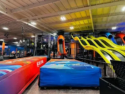 Tree Service Elmonte-Indoor play area featuring vibrant yellow slides and a tall, enclosed orange tube slide. Blue and red padded mats cover the floor, creating a playful atmosphere.