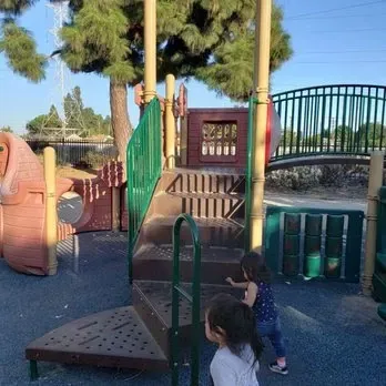Tree Service Elmonte-Children play on colorful playground equipment featuring steps, slides, and a bridge outside on a sunny day, with trees and fencing in the background.