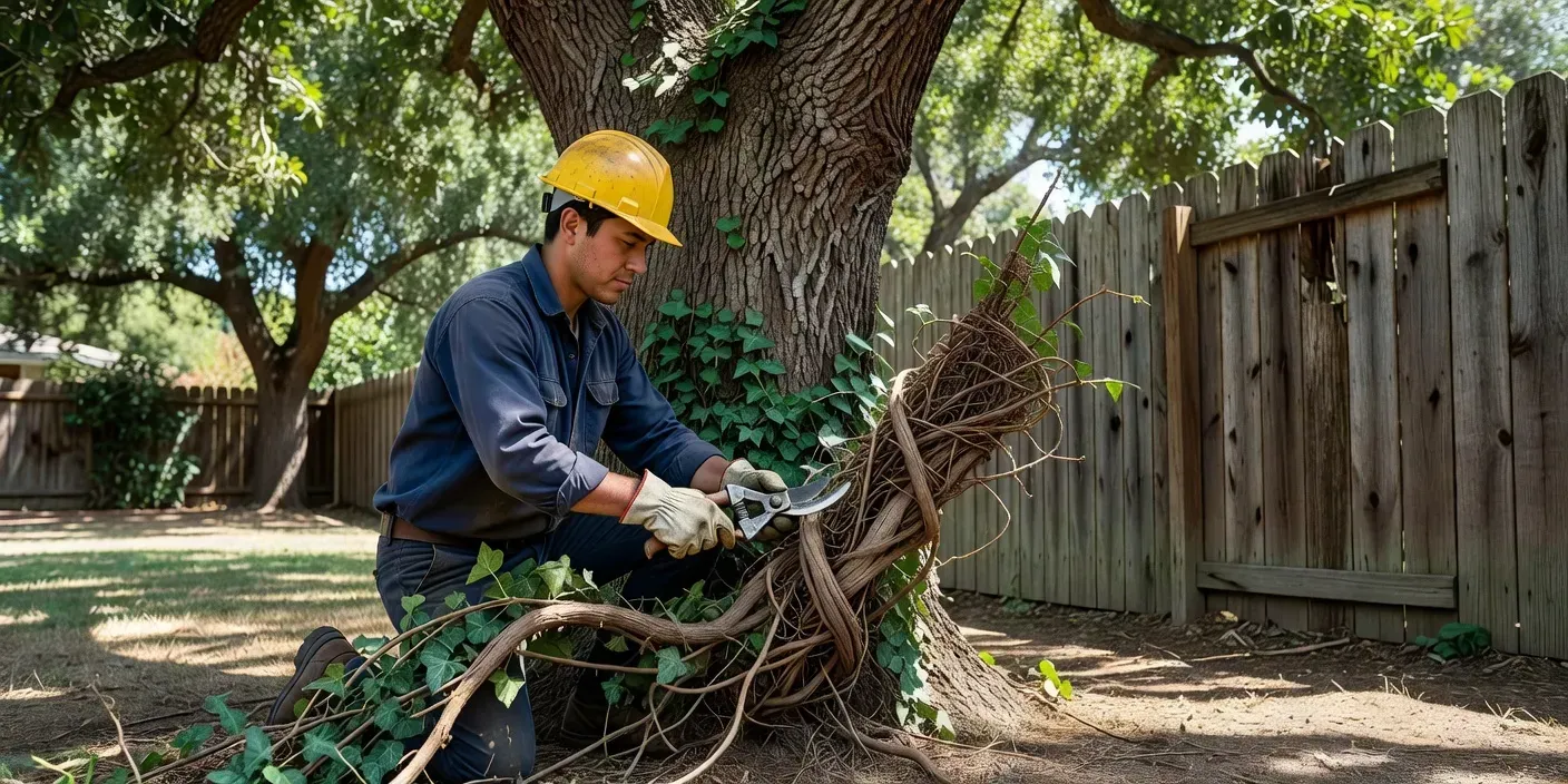 crew member in hard hat carefully severing thick ivy stems at the base of a backyard oak near a wood fence in El Monte, CA