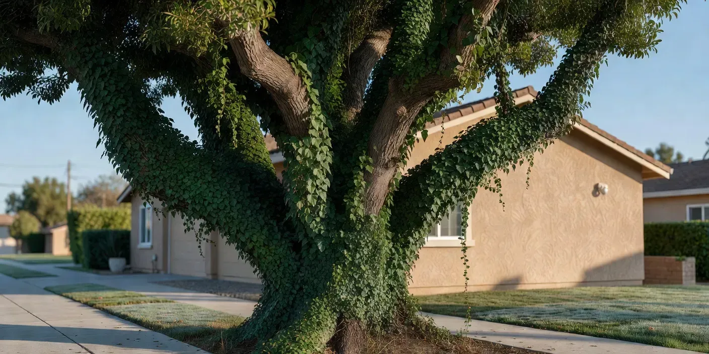 dense English ivy wrapping the trunk and lower canopy of a mature street tree beside a stucco home in El Monte, CA on a clear morning