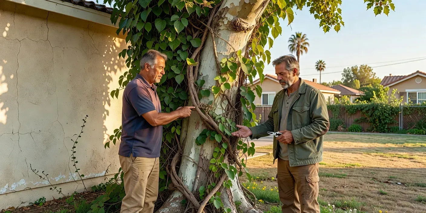 homeowner and arborist comparing a vine-choked backyard sycamore trunk beside a stucco wall on a sunny El Monte residential lot