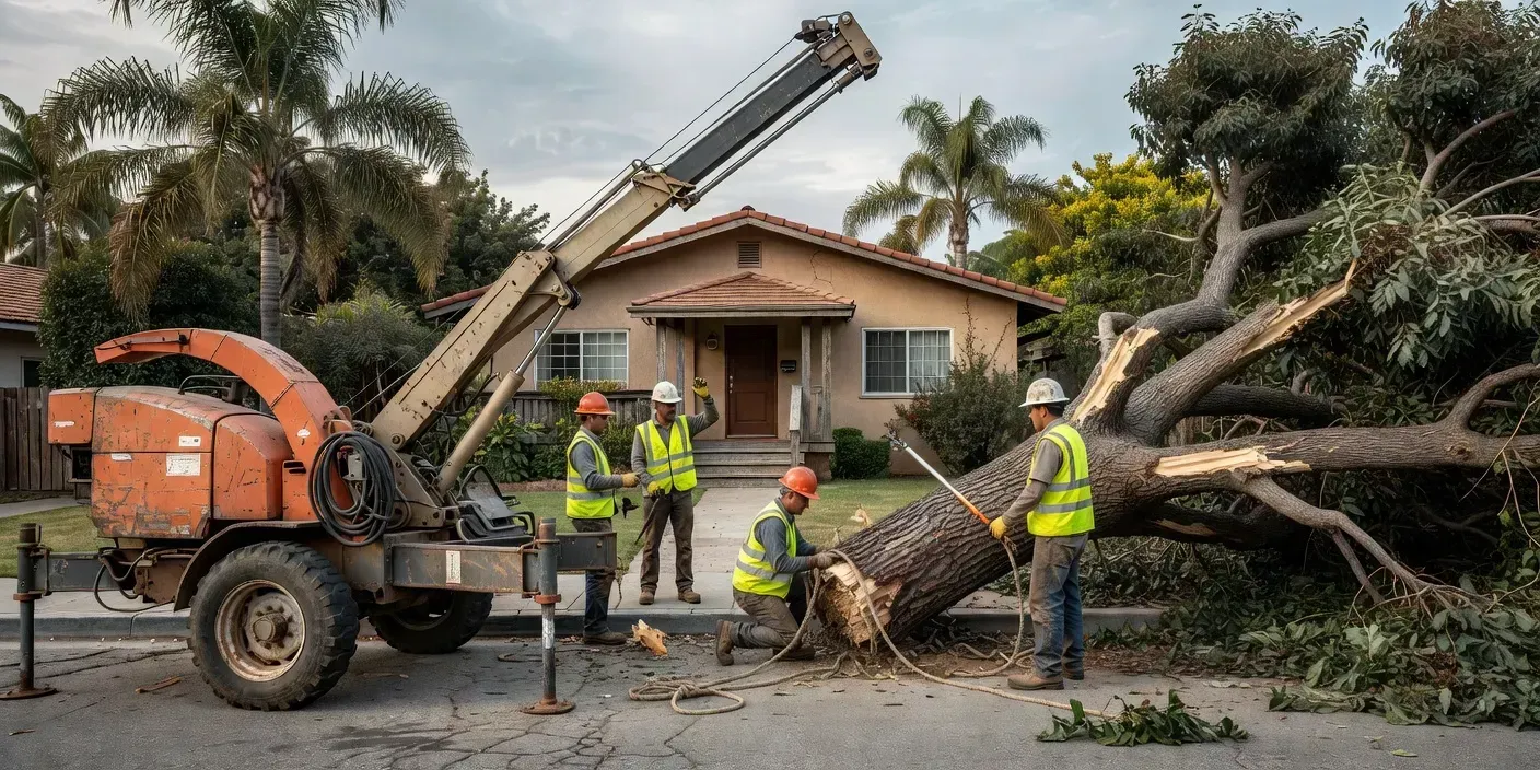 photographic scene of a crew staging chipper and crane near a fallen street tree beside an El Monte bungalow