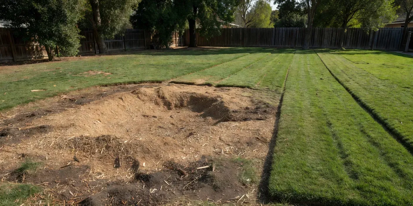 photographic scene of an El Monte backyard after stump grinding with a shallow chip-filled depression beside a clear mower path