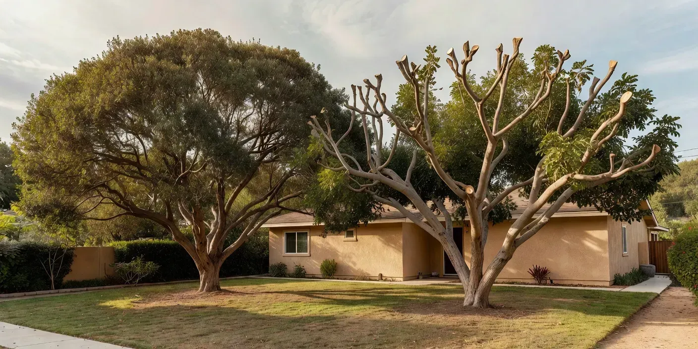 photographic scene of two El Monte backyard trees beside a stucco home, one with dense rubbing limbs and one with open pruned canopy after professional work