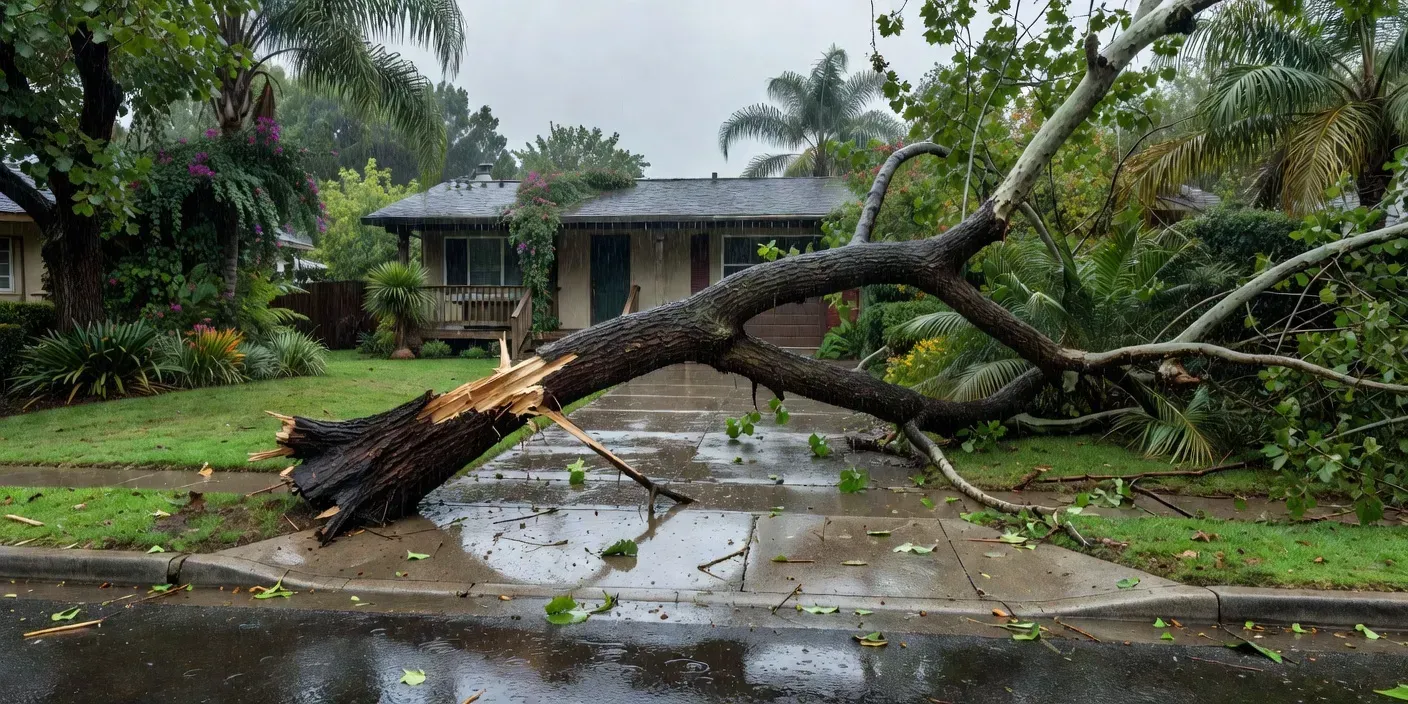 photographic view of a large broken limb resting across a residential driveway in El Monte after a storm