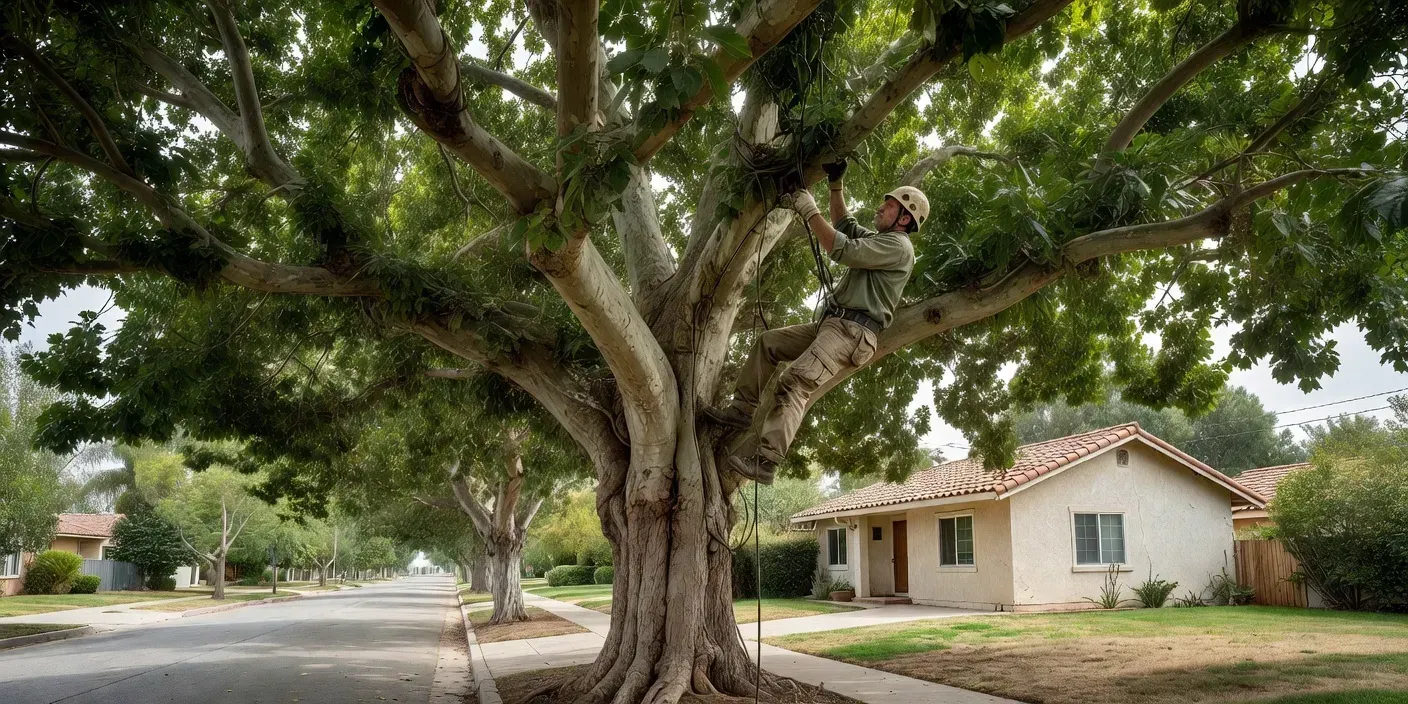 photographic view of a mature street tree in El Monte with a certified climber assessing dense upper canopy near a single-family home