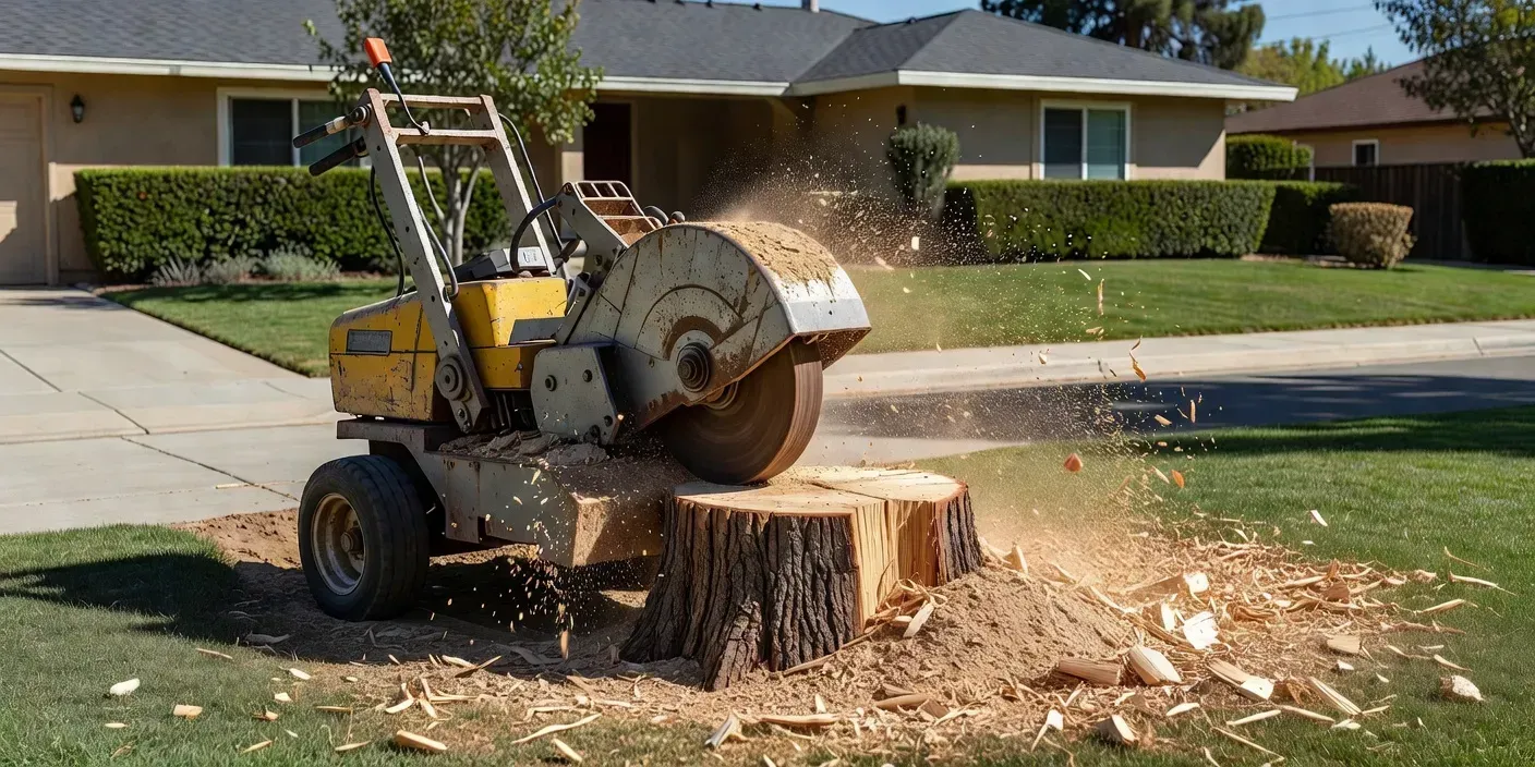 photographic view of a wheeled stump grinder reducing a cut oak stump in a residential El Monte front yard with chips piled beside the machine