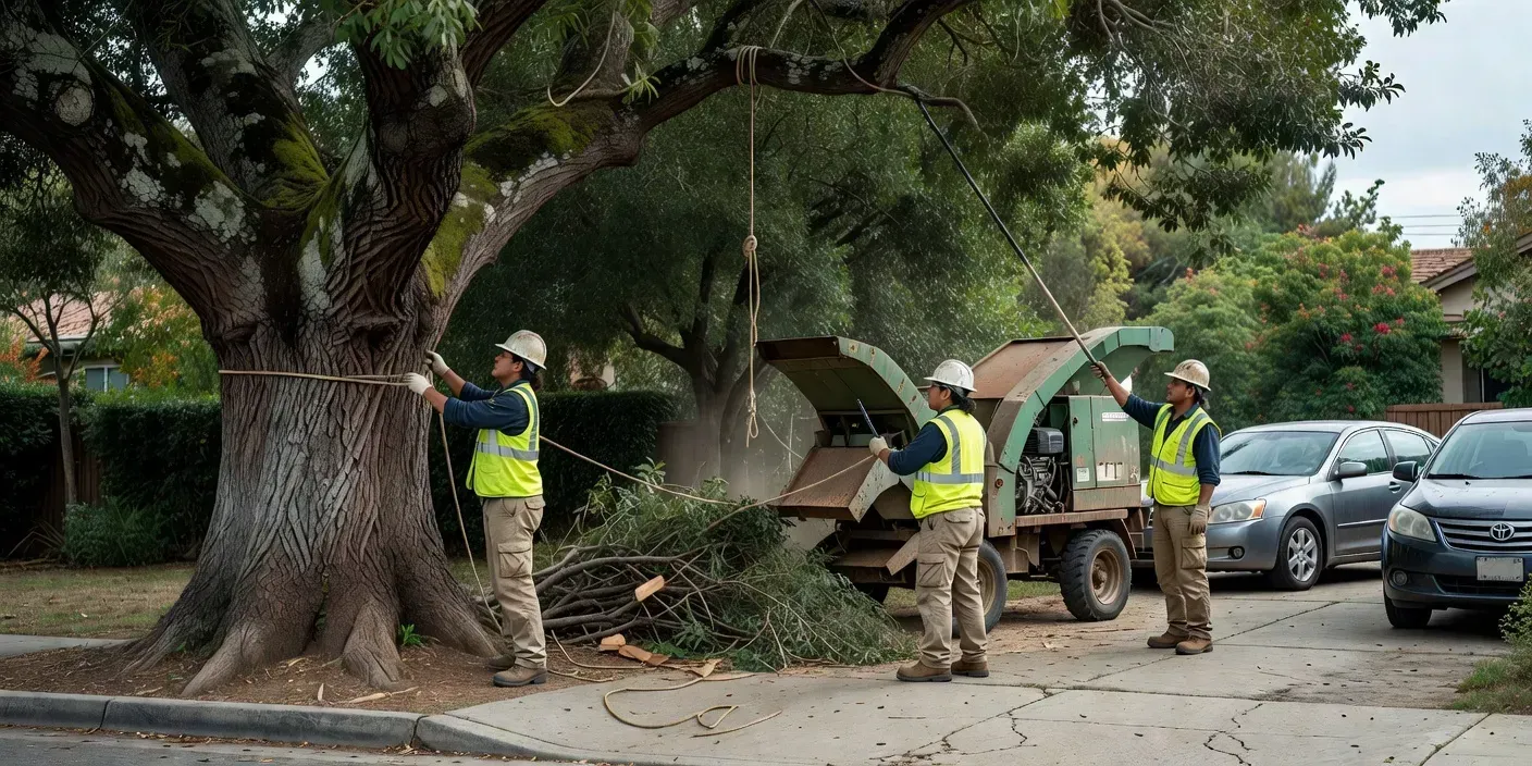 photographic view of an El Monte crew using ropes and a chipper beside a mature street tree near a driveway and parked cars