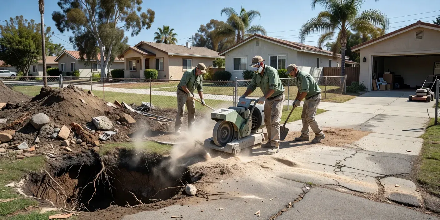 photographic view of an El Monte residential side yard where a grinding crew works beside a driveway while a neighboring lot shows an excavated root hole with piled soil