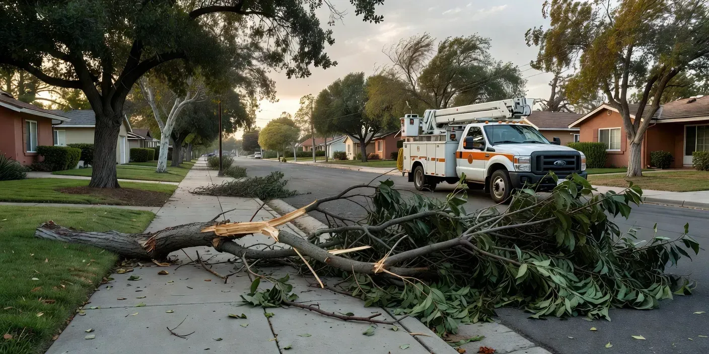 photographic view of an El Monte residential street after wind, with a large limb across a sidewalk and a service truck staged at the curb