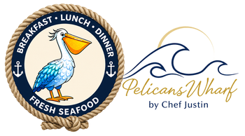 Pelican's Wharf seafood logo with pelican, blue waves, and “Breakfast • Lunch • Dinner” text