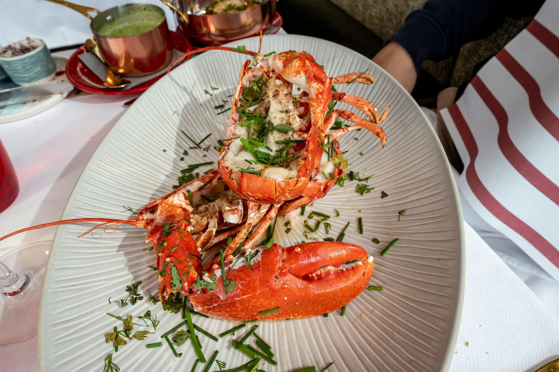 Plated lobster dish with herbs and sauces on a restaurant table