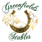 Greenfields Stables logo with gold horseshoe and galloping horses on a white background