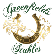 Greenfields Stables logo with green script and a gold horseshoe with running horse silhouettes