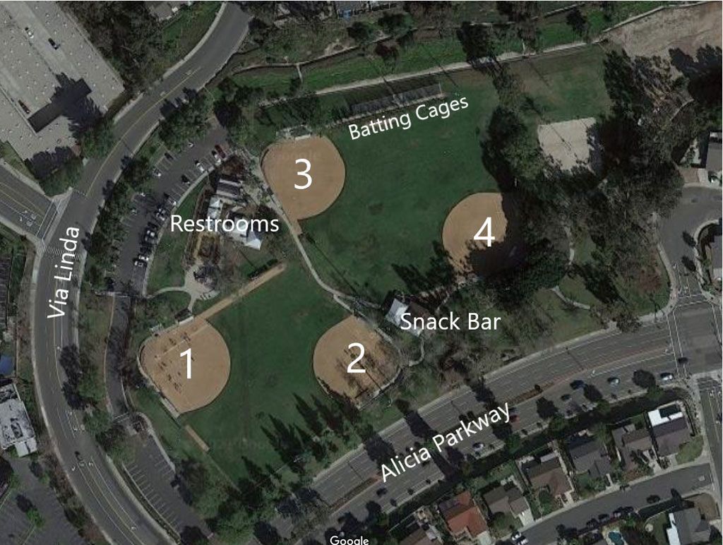 Aerial view of a park with four baseball fields, batting cages, restrooms, and a snack bar.