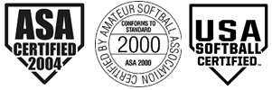 Three logos: ASA Certified 2004; ASA 2000 Conforms to Standard; and USA Softball Certified.