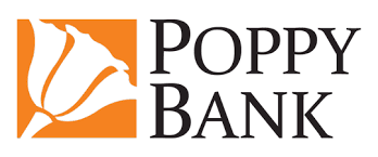 Logo for Poppy Bank: orange square with a white poppy flower graphic, next to the words