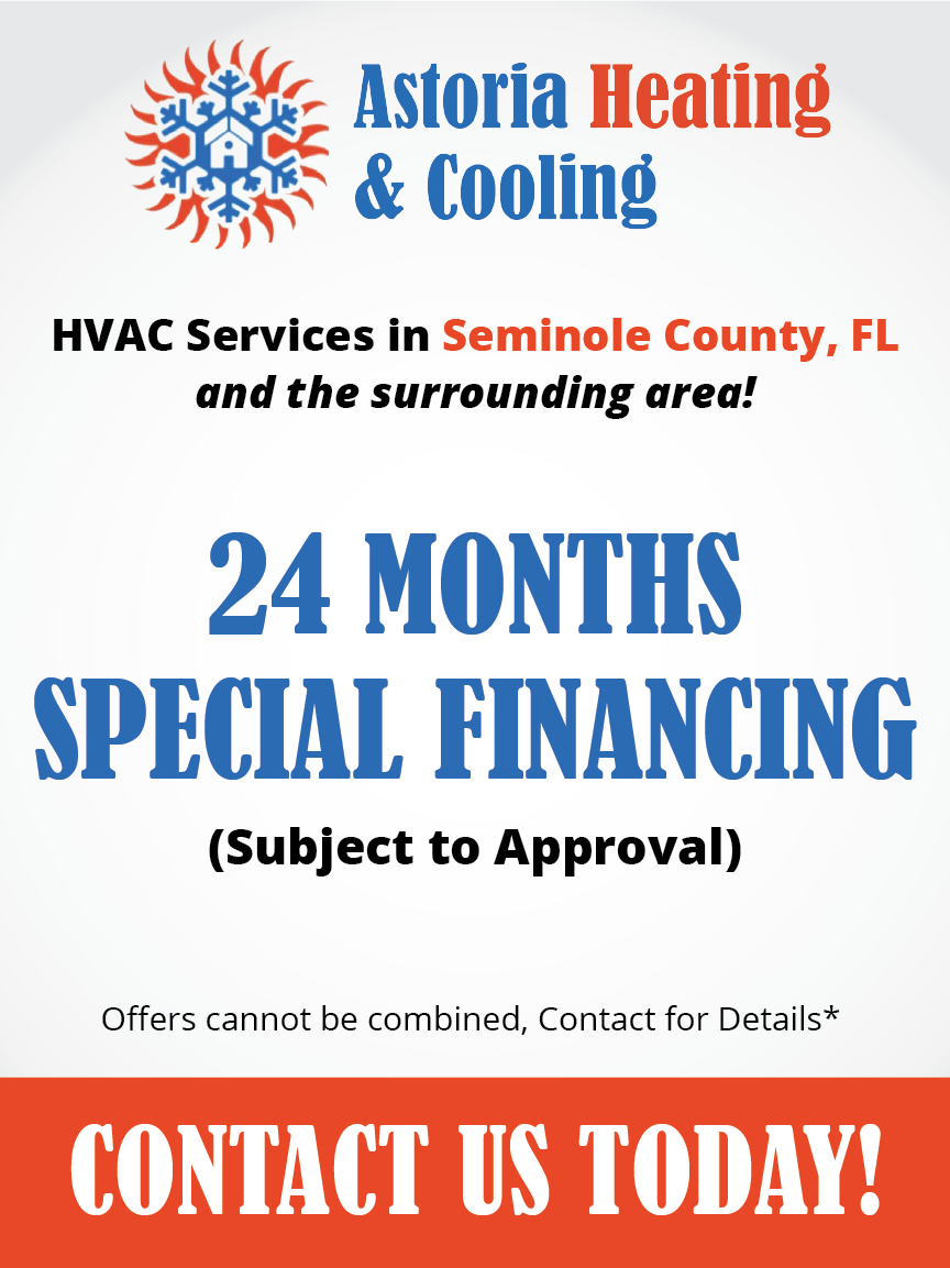 Astoria Heating & Cooling's promotional flyer announcing 24 months of 0% financing on their HVAC services.