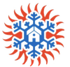 A blue snowflake icon centered over a simple white house shape, surrounded by a red sunburst pattern on a white background.