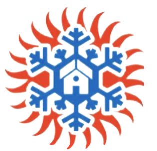 A blue snowflake icon centered over a simple white house shape, surrounded by a red sunburst pattern on a white background.