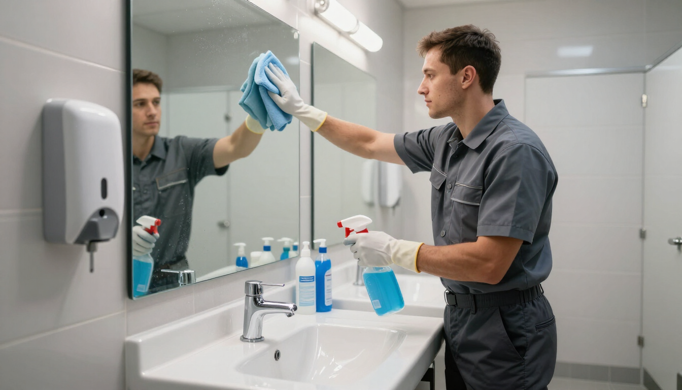 Persona limpiando el espejo y el lavabo del baño con un paño azul y un pulverizador