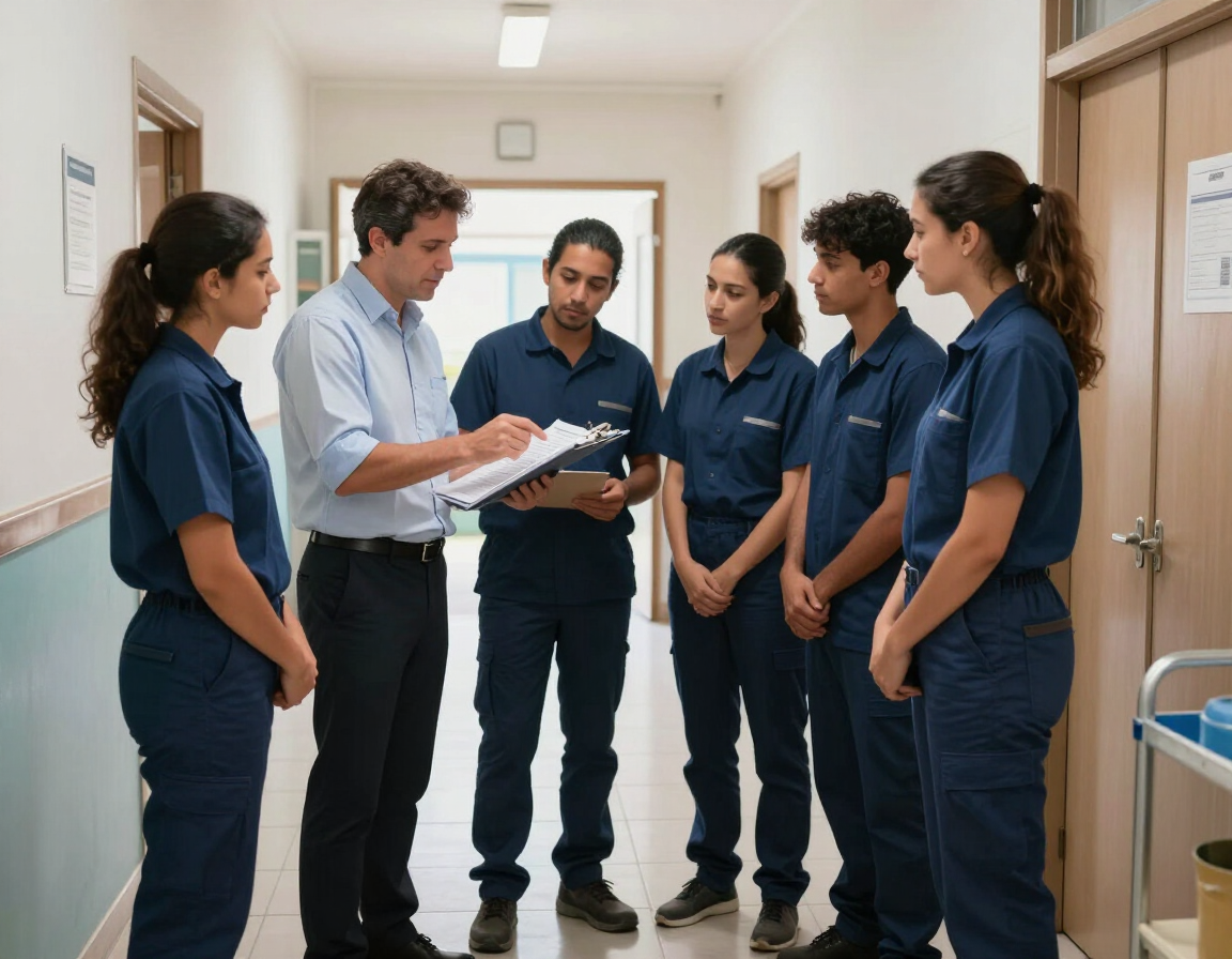 Equipo de mantenimiento y limpieza profesional planificando tareas