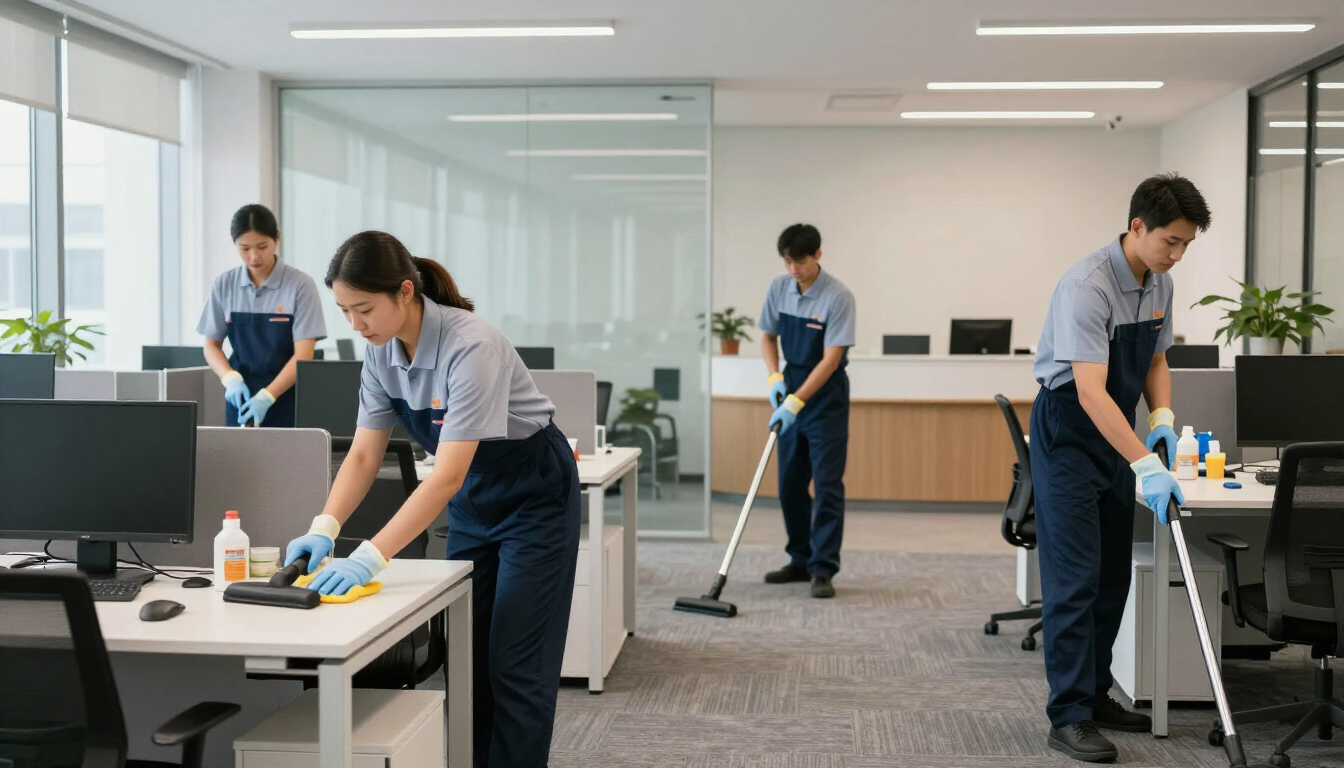 Equipo profesional de limpieza trabajando en una oficina corporativa