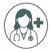 Medical doctor icon with stethoscope and a green plus sign inside a circle