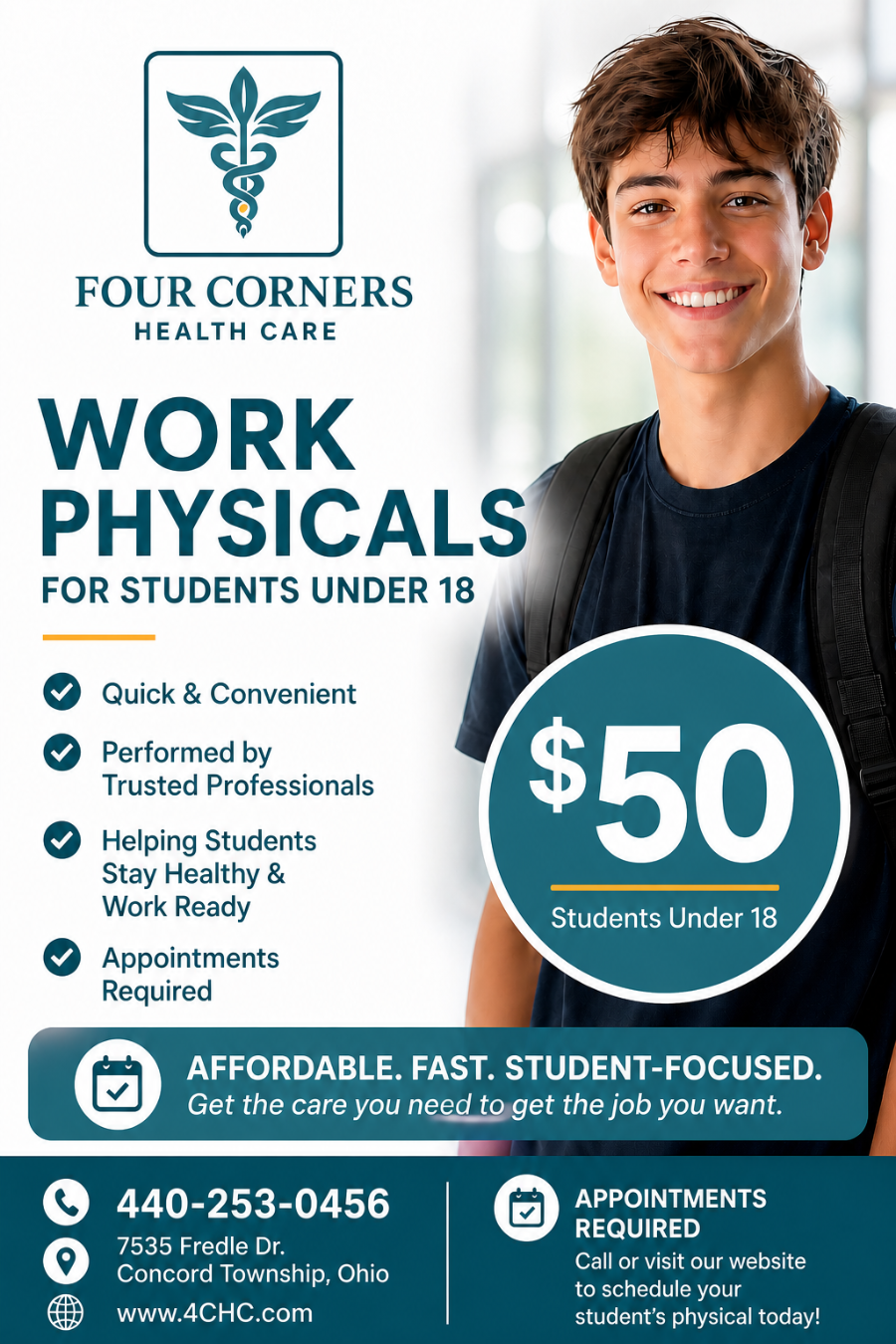 Flyer for Four Corners Health Care work physicals with smiling teen, blue layout, and $50 price badge