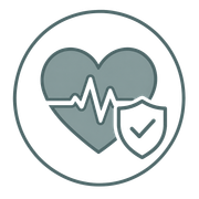 Gray heart with heartbeat line and shield checkmark inside a circle, symbolizing health protection