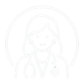 Outline of a doctor with a stethoscope inside a circular frame