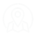 Minimal line icon of a location pin inside a circular badge with a ribbon base, in light gray outline