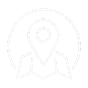 Minimal line icon of a location pin inside a circular badge with a ribbon base, in light gray outline