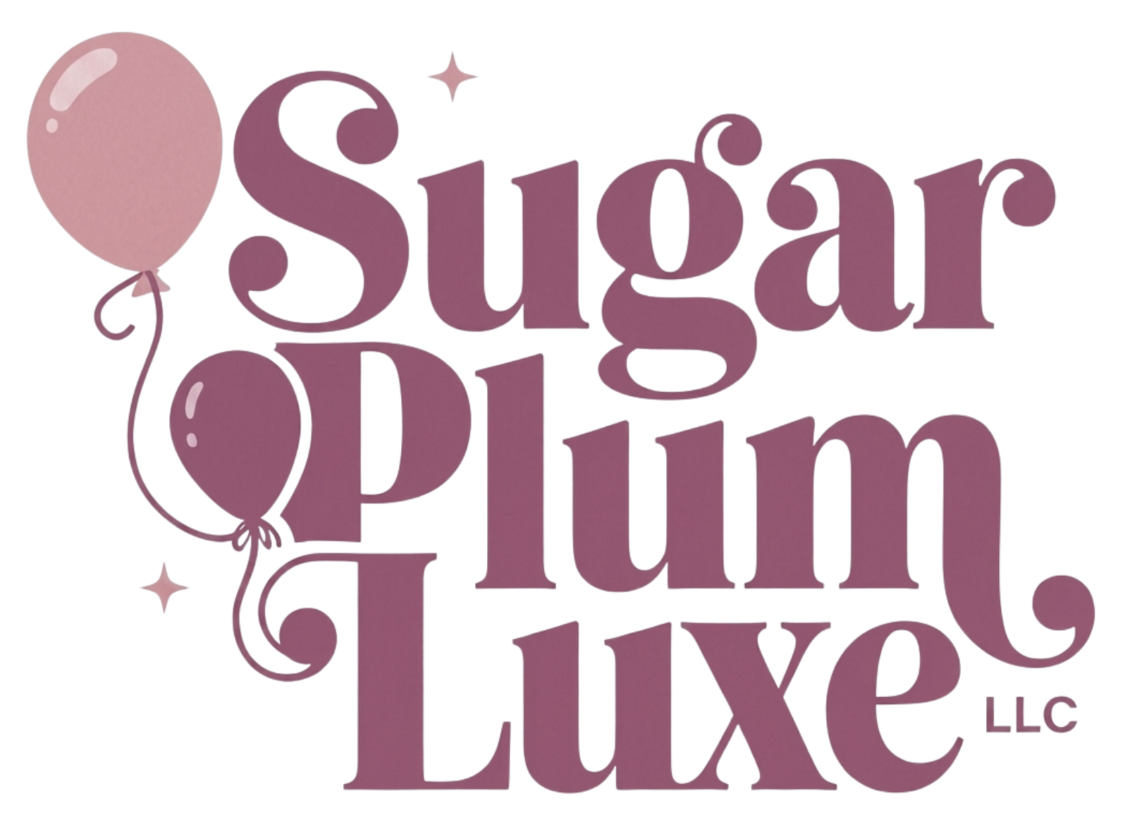 Sugar Plum Luxe logo in mauve and pink with balloons and a small star icon