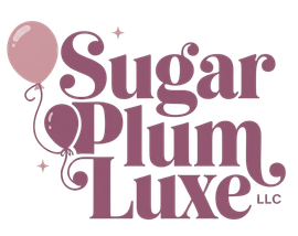 Pink and plum Sugar Plum Luxe logo with balloons and decorative swirls