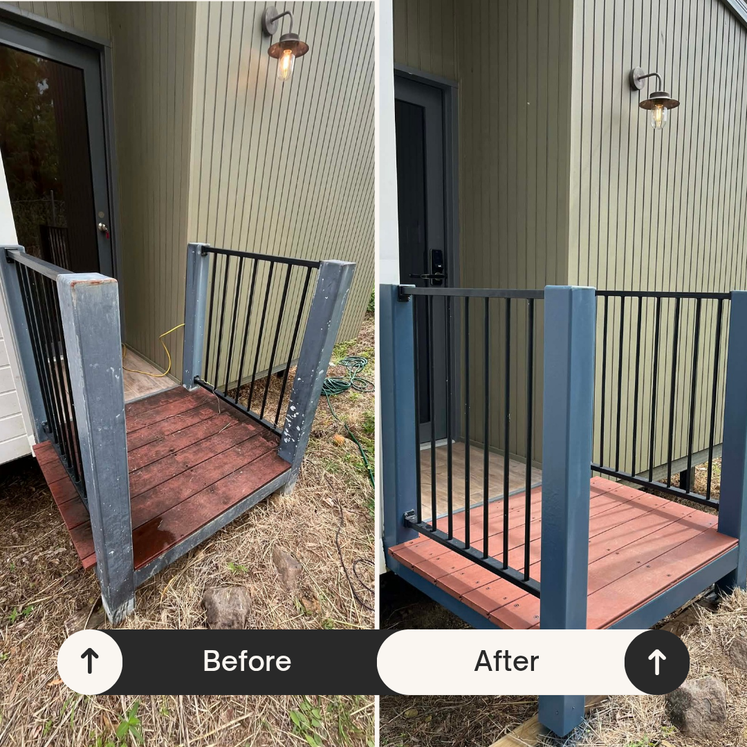Before-and-after of a small porch ramp upgrade with black railings and red decking — Rolling With Netherpoel in Bowen, QLD