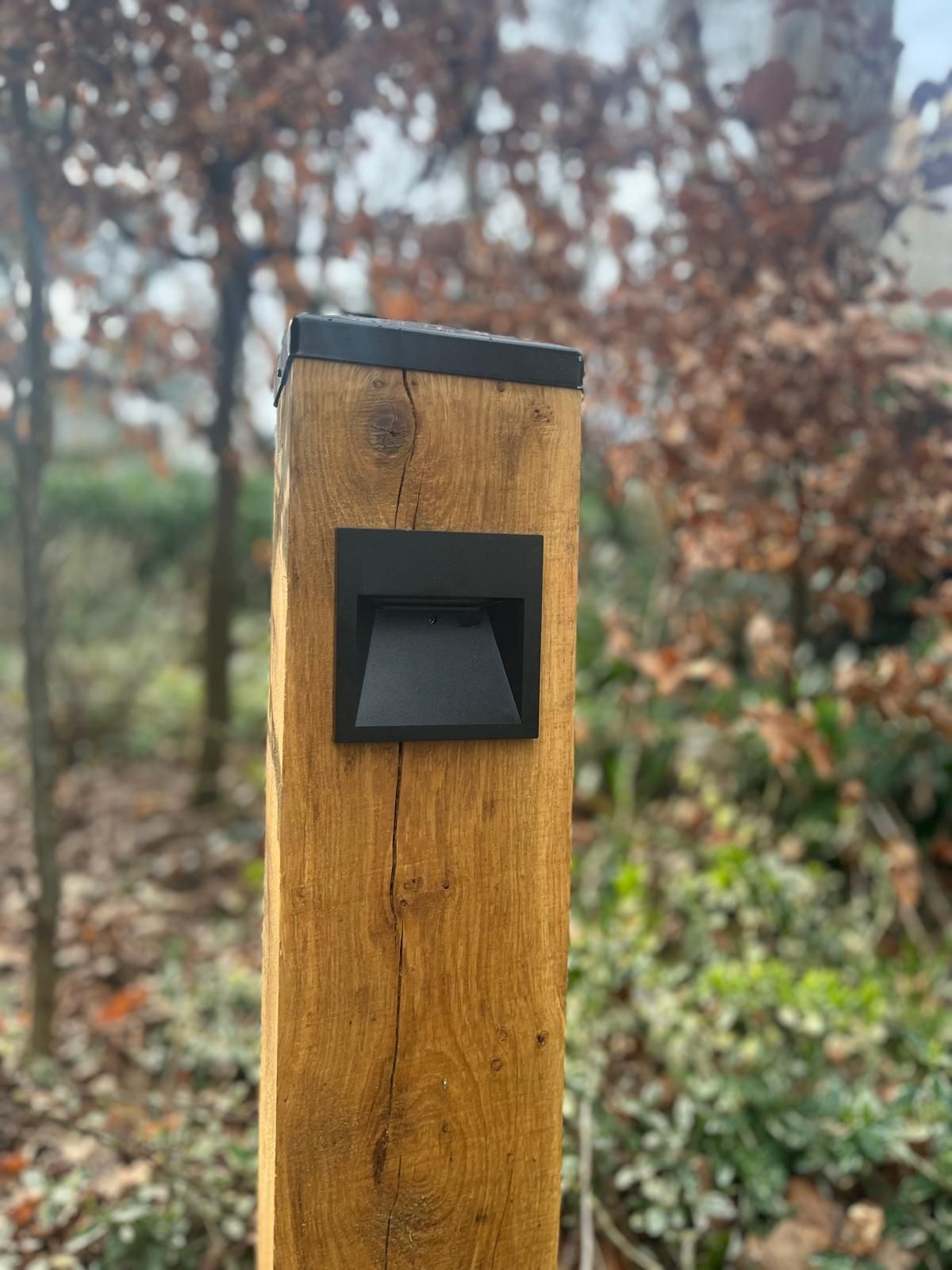 Houten paal met zwarte vierkante buitenlamp, in een bosrijk gebied.