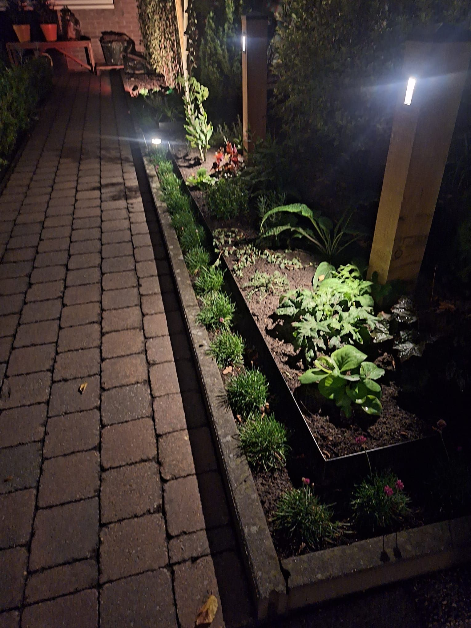 Een bakstenen pad loopt langs een verhoogd bloembed met planten, houten palen en een huisje.