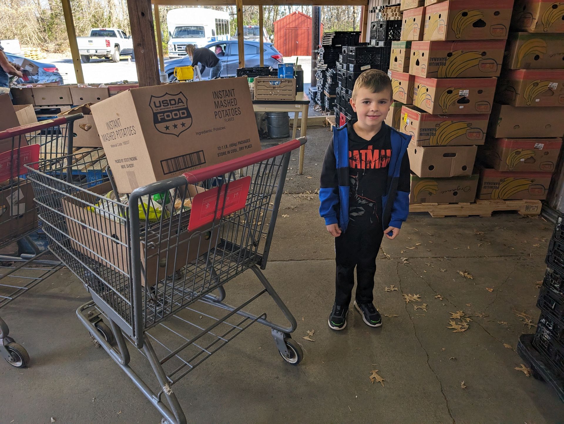 A young boy is standing next to a shopping cart filled with boxes.