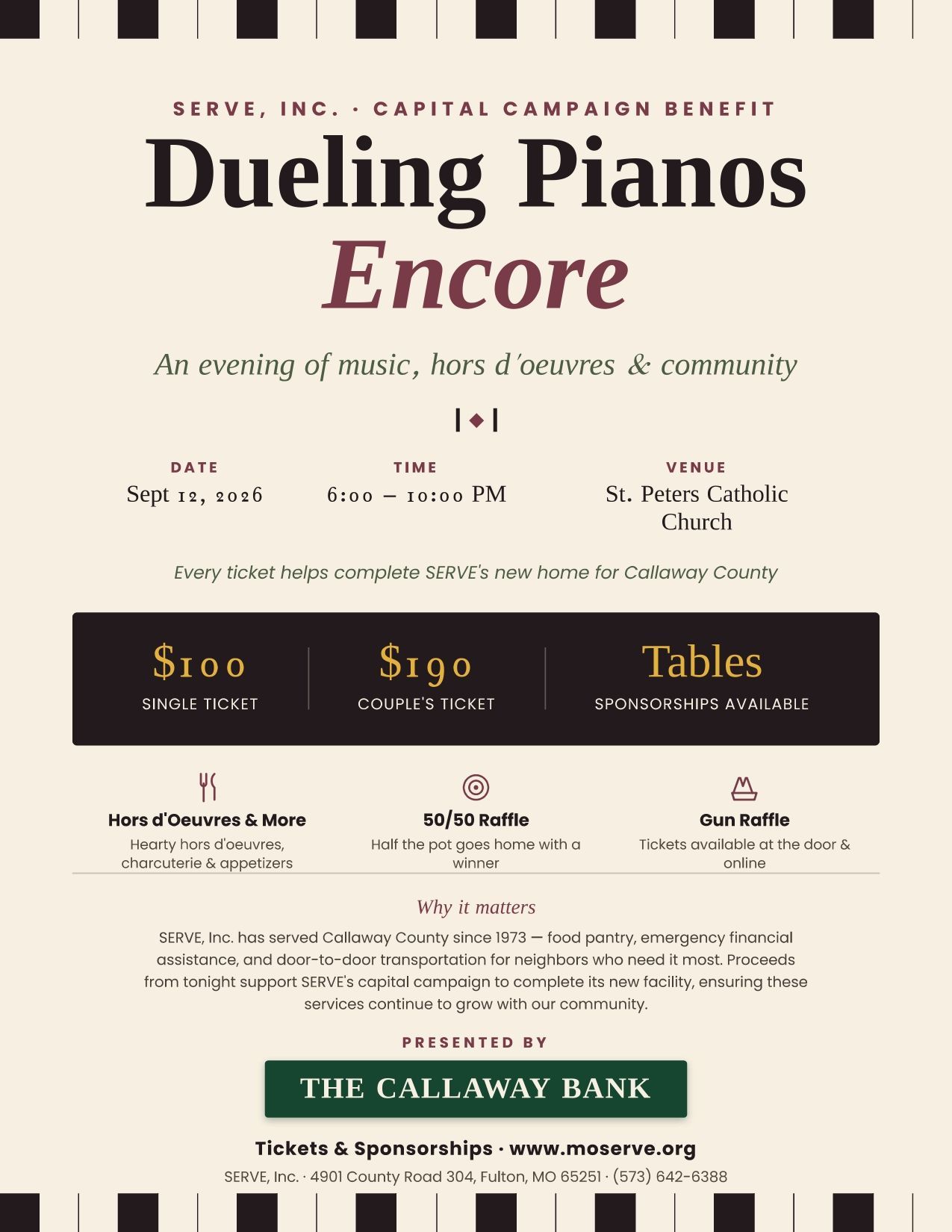 Poster for “Dueling Pianos Encore” with event details, pricing, and sponsor logos.
