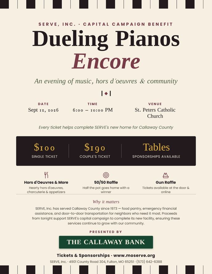 Poster for “Dueling Pianos Encore” with event details, pricing, and sponsor logos.