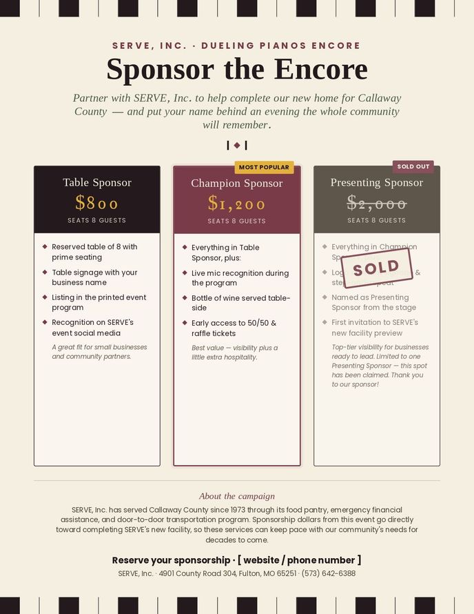 Sponsor the Encore flyer with three donation tiers and pricing on a beige background